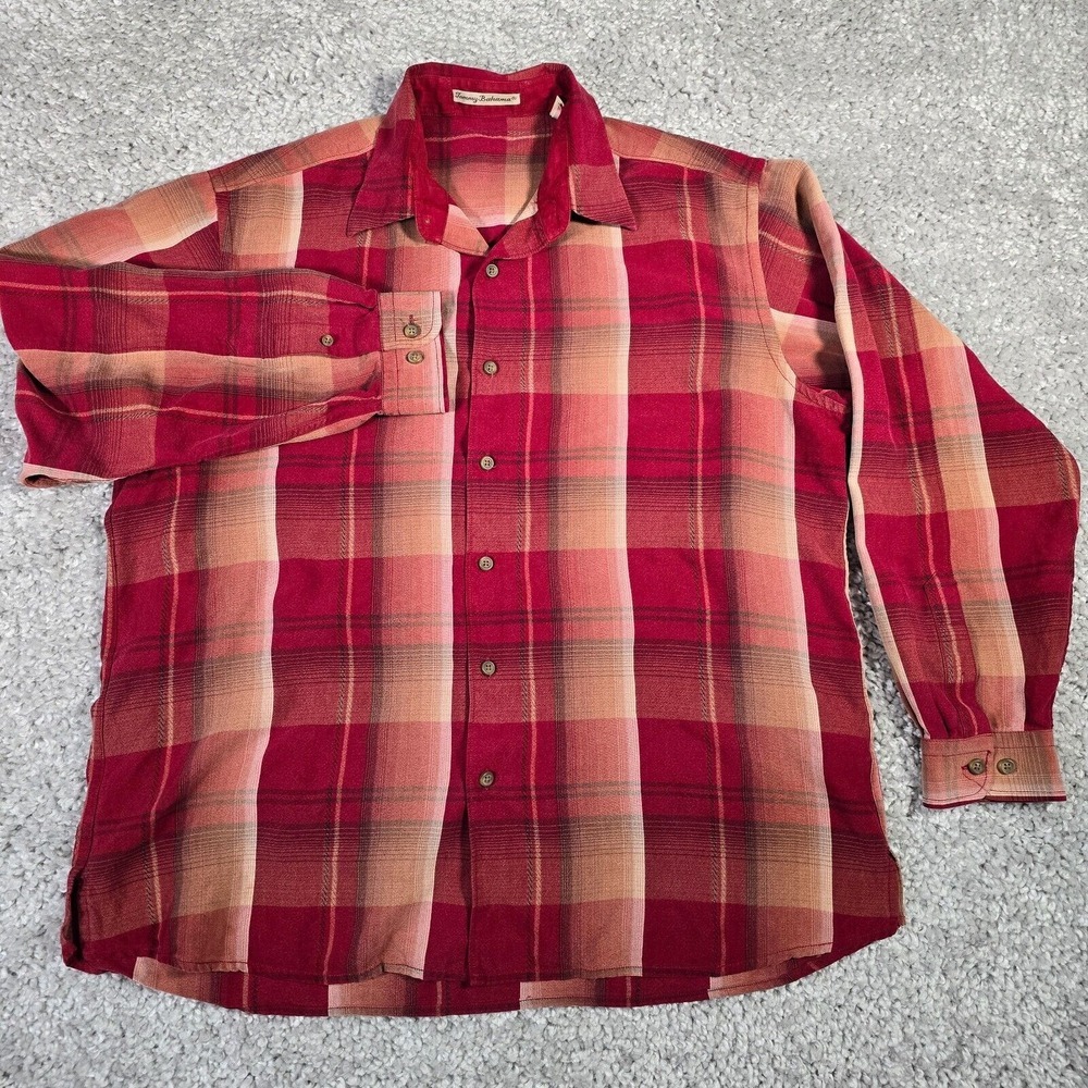 Tommy Bahama Mens‎ Red Plaid Tencel Button Up Shirt Size L Casual Classic